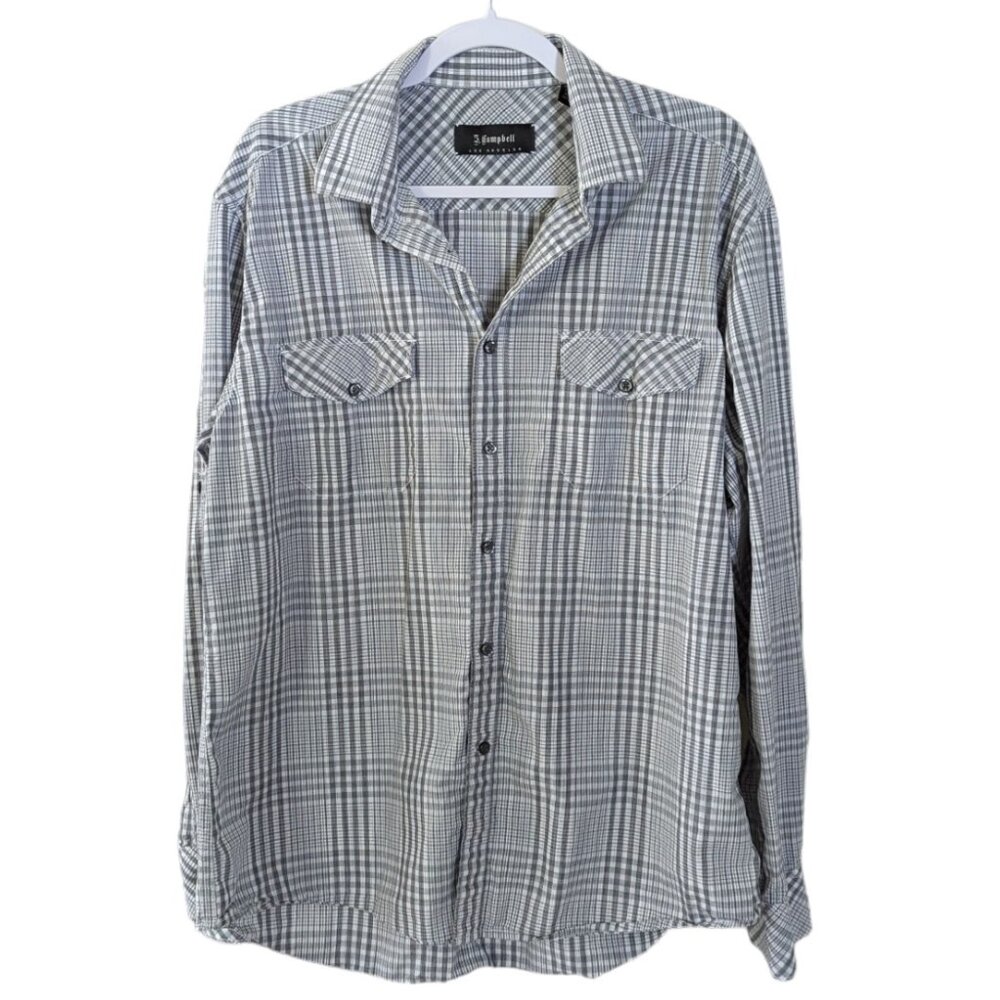 Men's Jeffrey Campbell Los Angeles plaid button down shirt, gray/white, size L